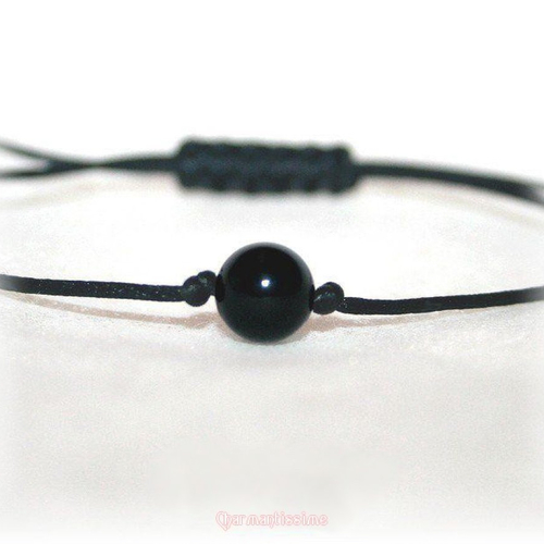 Bracelet perle pierre naturelle tourmaline noire, cordon noir ajustable