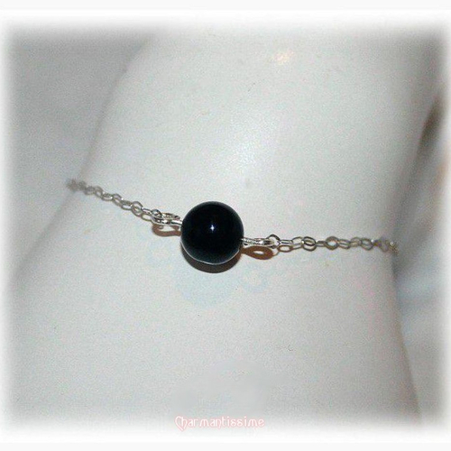 Bracelet perle pierre naturelle tourmaline noire, argent 925, bijou mariage mariée minimaliste discret