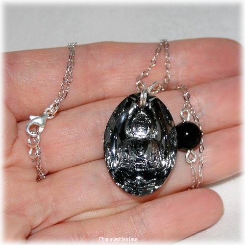Collier pendentif bouddha cristal noir argent 925, bijoux mariage noir et argent