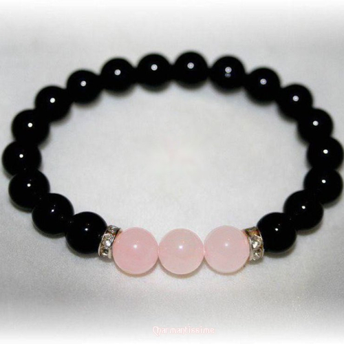 Bracelet femme pierres naturelles quartz rose, tourmaline noire, strass, bijou mariage mariée rose et noir * bijoux saint valentin