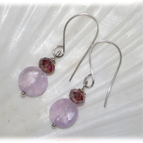 Boucles d'oreilles pendantes améthyste facetté et cristal violet prune en argent, bijoux mariage mariée