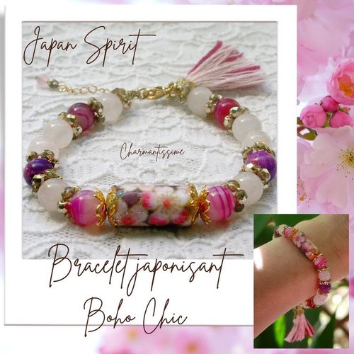 Bracelet unique original fleurs de cerisier *japon sakura*, pompon et perles naturelles, bijoux fuchsia violet rose saint valentin