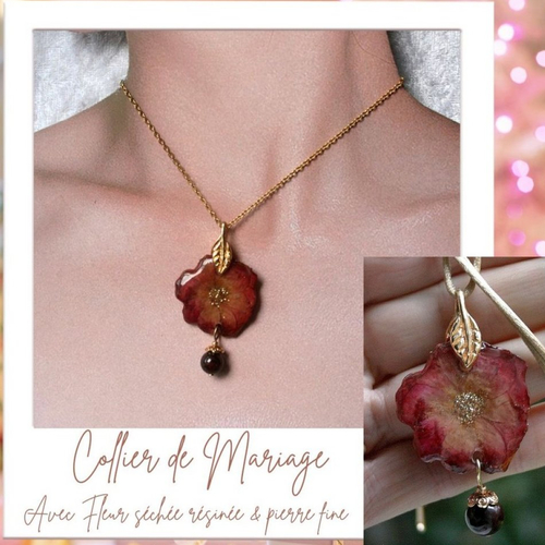 Pendentif perle grenat sur rose rouge résinée * bijou collier fleur séchée * bijoux saint valentin