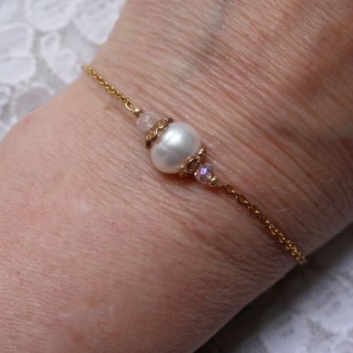 Bracelet fin plaqué or ajustable, perles d'eau douce nacre blanche, bijoux mariage doré, communion