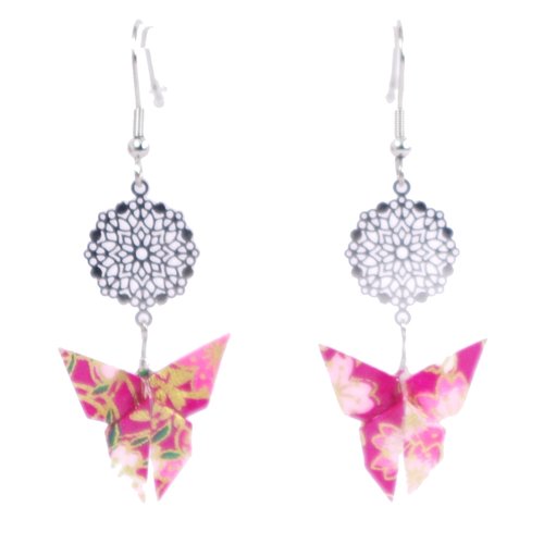 Boucles d'oreilles papillons origami roses et rosace