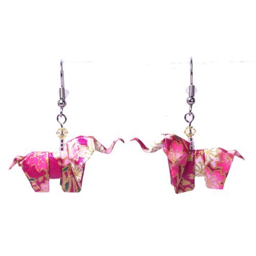 Boucles d'oreilles éléphants origami - roses et dorés