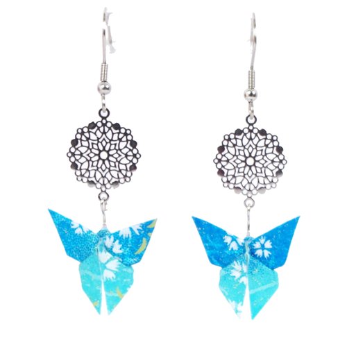 Boucles d'oreilles papillons origami bleu turquoise et rosace