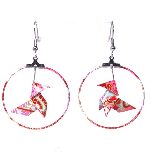 Boucles d'oreilles cocottes origami créoles rouge