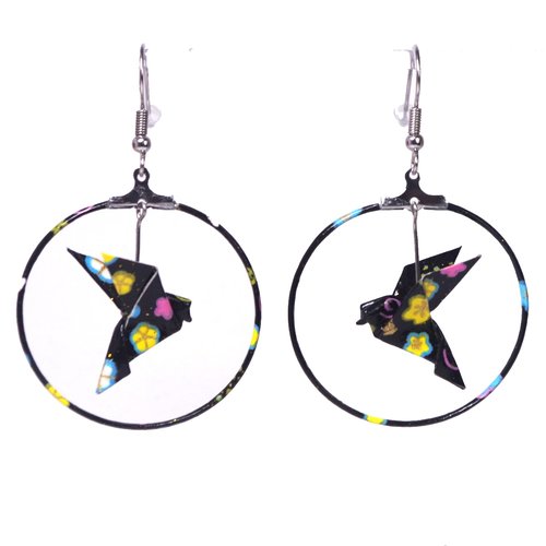 Boucles d'oreilles colombes origami créoles - fleurs multicolores sur fond noir