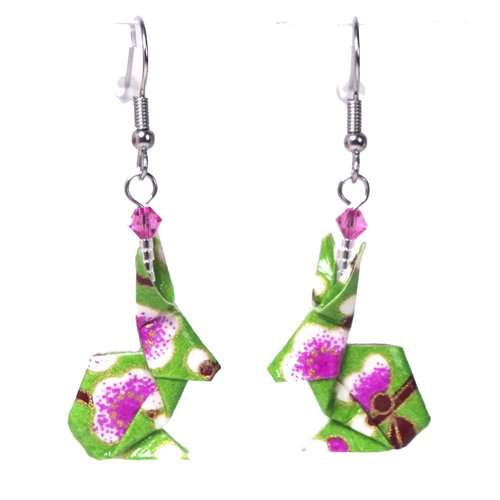 Boucles d'oreilles lapins origami verts avec des fleurs mauves