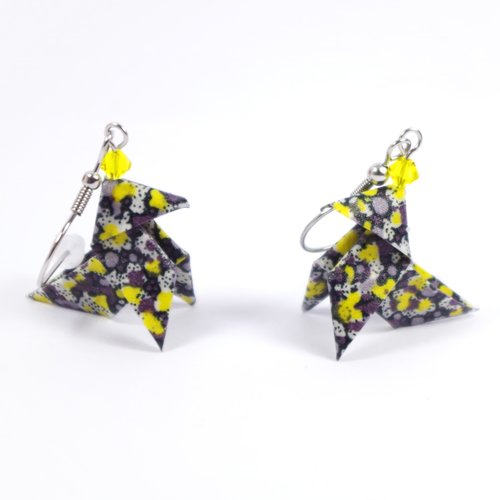 Boucles d'oreilles cocottes noires et jaunes en tissu (liberty)