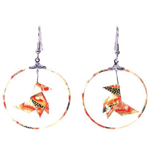 Boucles d'oreilles cocottes origami créoles oranges et noires