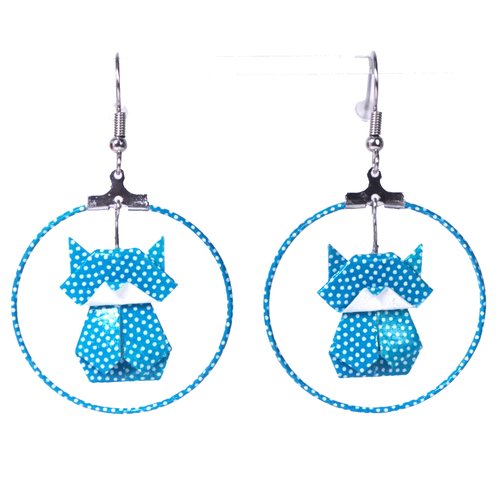 Boucles d'oreilles créoles chats (chatons) origami bleus avec des petits points blancs