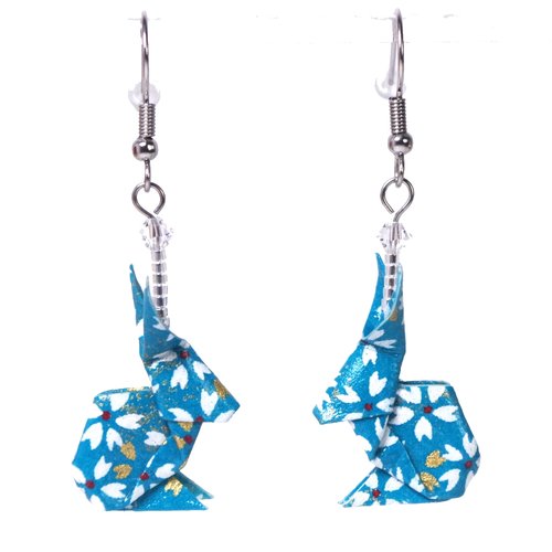 Boucles d'oreilles lapins origami turquoises avec des petites fleurs blanches