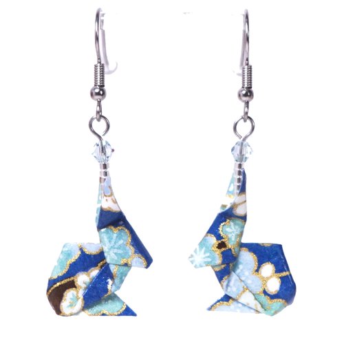 Boucles d'oreilles lapins origami - fleurs bleues et vertes
