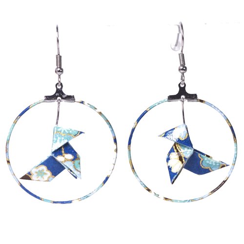 Boucles d'oreilles cocottes origami créoles bleues et vertes
