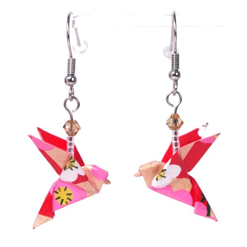 Boucles d'oreilles colombes origami - fleurs roses et blanches sur fond rouge et doré