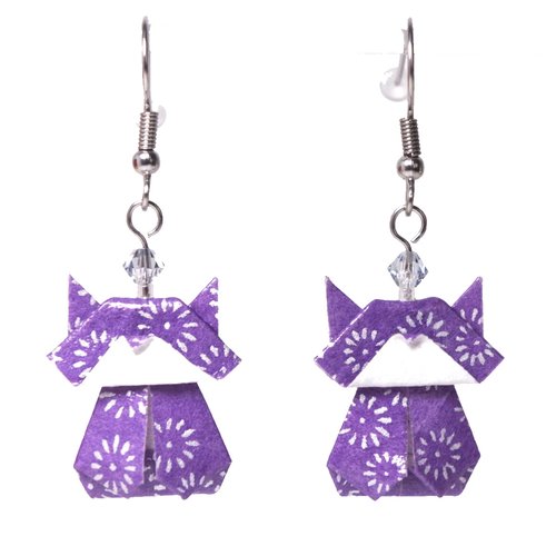 Boucles d'oreilles chats (chatons) origamis lavande avec des petites fleurs argentées
