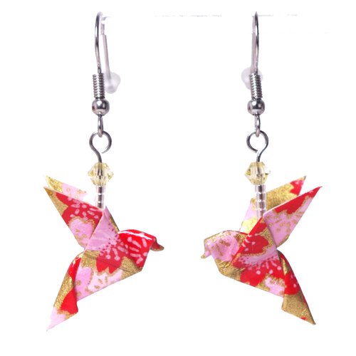 Boucles d'oreilles colombes origami - fleurs rouges et roses sur fond doré