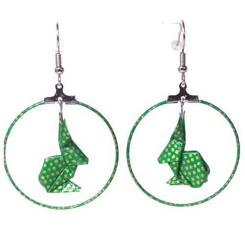 Boucles d'oreilles lapins origami créoles - petits points dorés sur fond vert