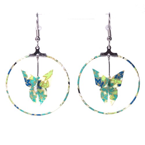 Boucles d'oreilles papillons origami créoles - petites feuilles vertes