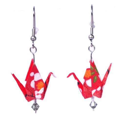 Boucles d'oreilles grues origami - fleurs blanches sur fond rouge