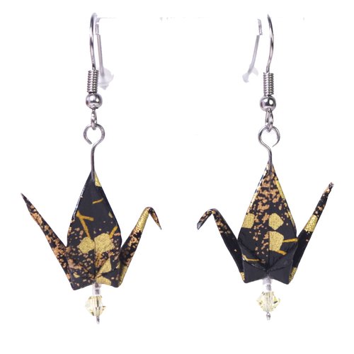 Boucles d'oreilles grues origami - motifs dorés sur fond noir