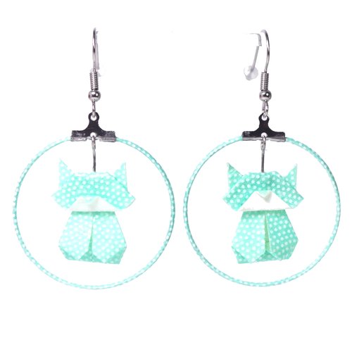 Boucles d'oreilles créoles chats (chatons) origami - petits points blancs sur fond vert d'eau