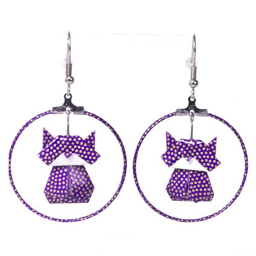 Boucles d'oreilles créoles chats (chatons) origami - petits pointsdorés sur fond violet