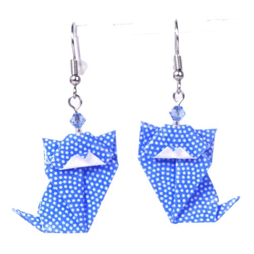 Boucles d'oreilles chats (chattes) origami - petits points blancs sur fond bleu