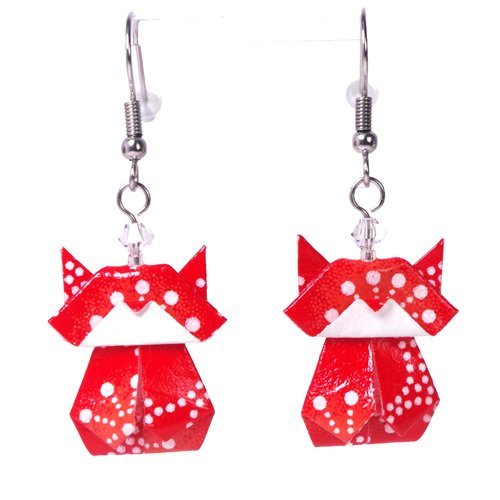 Boucles d'oreilles chats (chatons) origamis - petits points blancs sur fond rouge