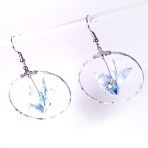 Boucles d'oreilles créoles grues origami - bleu clair