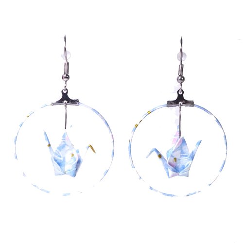 Boucles d'oreilles créoles grues verticales origami - bleu clair
