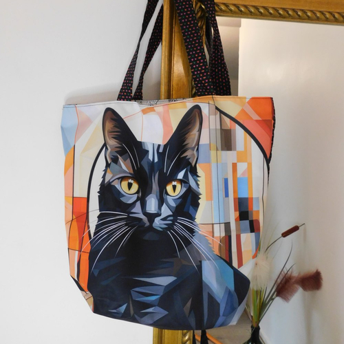 Tote-bag  doublé illustration chat  - sac cabas