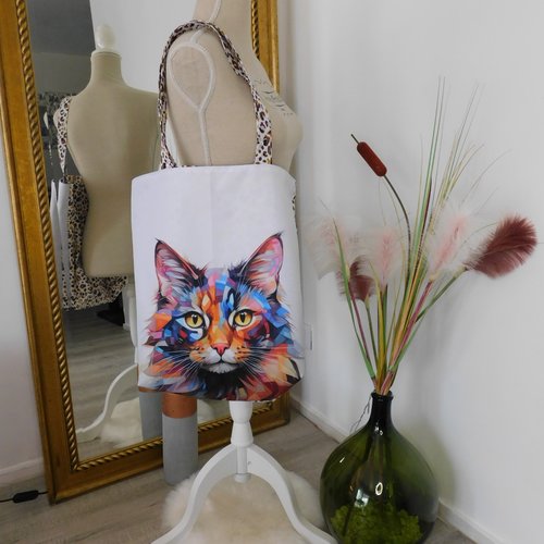 Tote-bag  doublé illustration chat  - sac cabas -