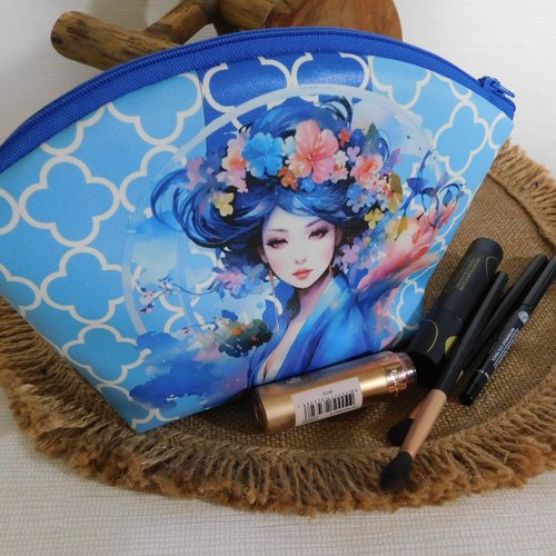 Trousse à maquillage simili cuir motif geisha