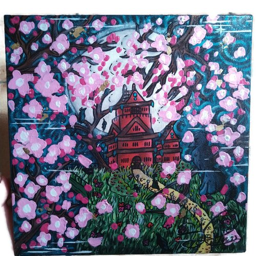 Peinture sur toile acrylique "temple aux sakura"