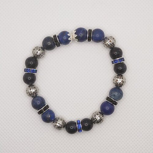 Bracelet en perles bleues pailletés et argentées