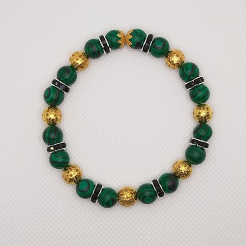 Bracelet en perles vertes, noires et dorées