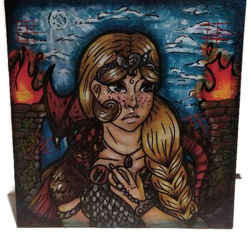 Peinture sur toile acrylique "princesse aux dragons"