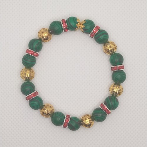 Bracelet en perles vertes, rouges et dorées