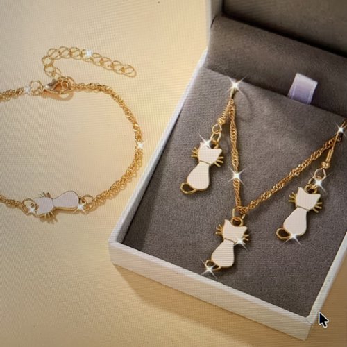 Parure de collier , bracelet et bo " chats" roses