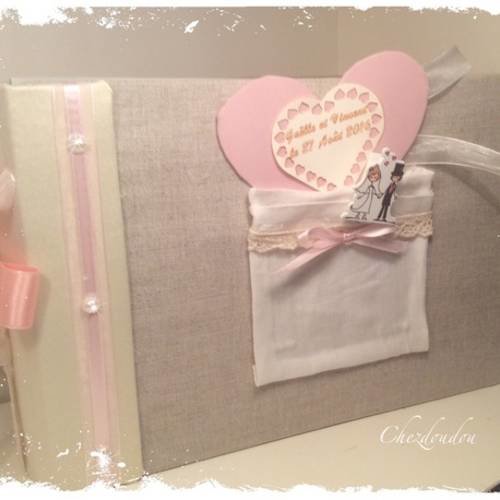 Sur commande livre d'or romantique en lin mariage  multipochettes format a4 sur commande 