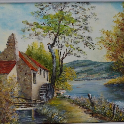 Peinture paysage riviére-huile sur toile de foréts eau moulin-art original impressionnisme-art mural champêtre-cadeau décor unique mixte