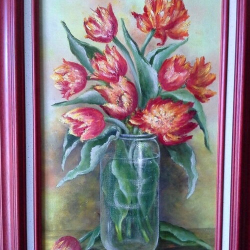 Tableau tulipes peinture huile sur toile-art tulipe perroquet dite rococo-bouquet rouge figuratif semi-abstrait-crémaillére
