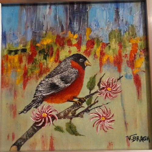 Tableau oiseau sur arbre en fleur peint à l huile sur toile-peinture bird fleur rose-peinture mural bouvreuil faune-petit art floral