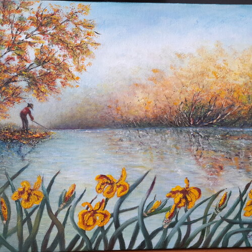 Tableau paysage rivière automne-huile sur toile-peinture étang coloré-iris d eau-ornement mural de ferme-décor de crémaillére