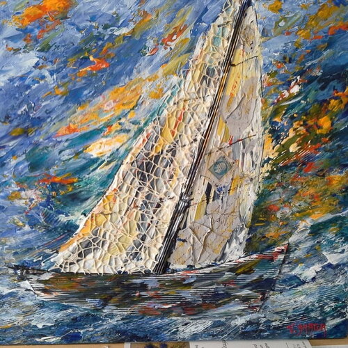 Tableau régates peinture acrylique toile 3d-marine voile yacht bateau mer technique mixte collage art empatement-art moderne