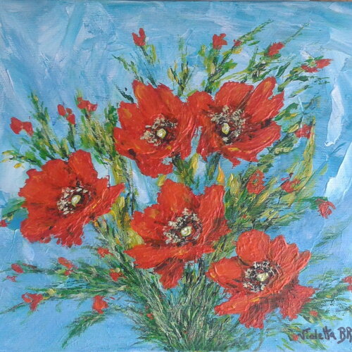 Tableau fleurs des champs peinture acrylique sur toile-peinture empatement fleurs rouges structurée sur fond bleu-art floral chambre