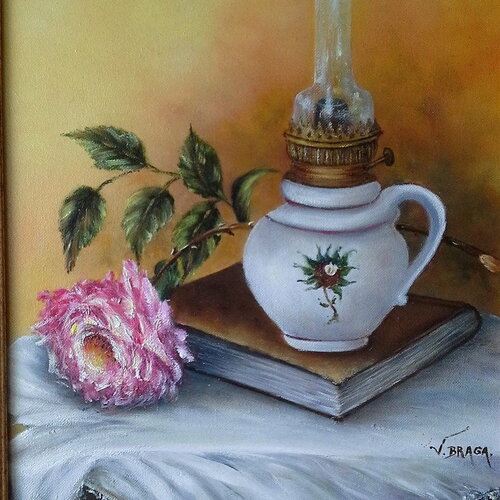 Tableau de rose peinture rose à huile sur toile nature morte de rose livre lampe-art figuratif-art floral de chambre